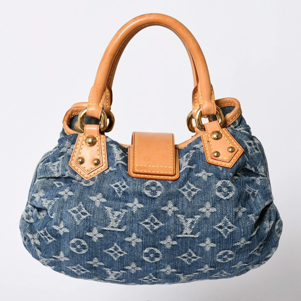 LOUIS VUITTON Pleaty handbag Monogram denim leather blue superb